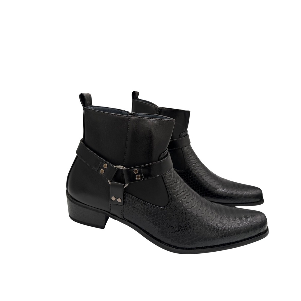 Alberto Fellini Men Black Snakeskin Texture Harness Ankle Boots Side Zip Size 13